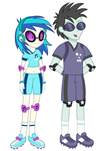 Size: 2048x2912 | Tagged: safe, artist:rj-streak, derpibooru import, edit, vector edit, neon lights, rising star, vinyl scratch, human, equestria girls, belly button, clothes, duo, elbow pads, female, headphones, image, knee pads, male, midriff, png, shipping, simple background, soccer shoes, socks, straight, sunglasses, transparent background, vector, vinylights