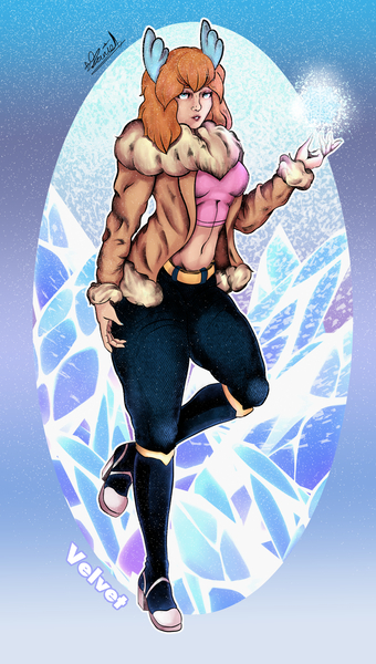 Size: 1700x3000 | Tagged: safe, artist:yugure-lordmediocre, derpibooru import, velvet reindeer, human, them's fightin' herds, antlers, belly button, clothes, coat, community related, horn, horned humanization, humanized, ice, image, jpeg, looking at you, magic, midriff, short shirt