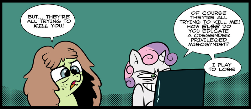 Size: 1024x447 | Tagged: safe, artist:catfood-mcfly, derpibooru import, sweetie belle, oc, oc:candy skies, oc:checked privilege, pony, unicorn, confused, dialogue, duo, female, five nights at freddy's, fury belle, image, misandry, missing the point, png, scrunchy face, speech bubble, video game, wat