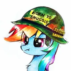 Size: 1491x1491 | Tagged: safe, artist:liaaqila, derpibooru import, rainbow dash, pegasus, pony, born to kill, bullet, bust, chest fluff, commission, cute, dashabetes, eye clipping through hair, female, full metal jacket, helmet, image, implied snuggling, jpeg, mare, portrait, rainbow dash is not amused, scrunchy face, simple background, solo, traditional art, unamused, white background