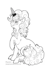 Size: 540x810 | Tagged: safe, artist:nekophoenix, derpibooru import, pinkie pie, earth pony, pony, food, ice cream, ice cream cone, image, ink drawing, inktober, licking, licking lips, lineart, monochrome, png, sitting, solo, tongue out, traditional art