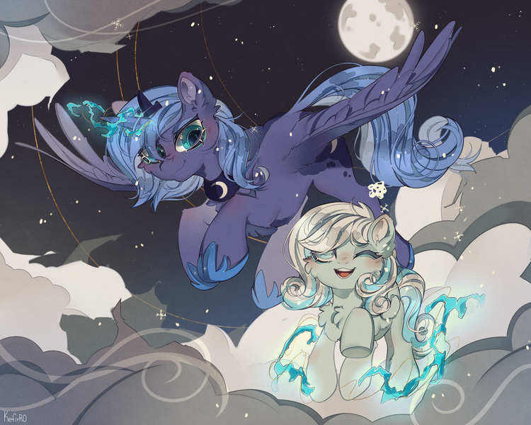 Size: 2500x2000 | Tagged: safe, artist:kefirro7, derpibooru import, princess luna, oc, oc:snowdrop, alicorn, pegasus, pony, cheek fluff, chest fluff, cloud, ear fluff, flying, image, magic, moon, night, one eye closed, open mouth, open smile, png, s1 luna, smiling, snow, snowflake, spread wings, wings