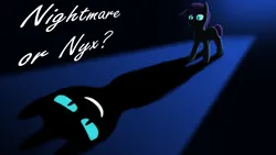 Size: 4000x2250 | Tagged: safe, derpibooru import, nightmare moon, oc, oc:nyx, unofficial characters only, alicorn, pony, fanfic:nightmare or nyx?, fanfic:past sins, black background, fanfic art, female, filly, foal, image, png, shadow, simple background, solo, standing, text