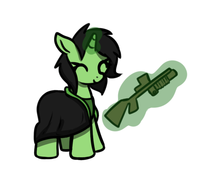 Size: 763x635 | Tagged: safe, artist:neuro, derpibooru import, oc, oc:anonfilly, unofficial characters only, pony, unicorn, clothes, cute, eyes closed, female, filly, glow, glowing horn, gun stock, horn, image, levitation, magic, magic aura, magic wand, png, robes, scope, simple background, smiling, solo, telekinesis, transparent background, unicorn oc