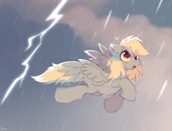 Size: 2100x1600 | Tagged: safe, artist:mirtash, derpibooru import, derpy hooves, pegasus, pony, female, flying, image, lightning, mare, open mouth, png, rain, solo, storm