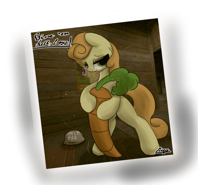 Size: 1551x1445 | Tagged: safe, artist:ricy, derpibooru import, carrot top, golden harvest, /mlp/ tf2 general, 2fort, carrot, food, hat, image, png, postcard, simple background, team fortress 2, text, transparent background