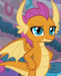 Size: 1504x1872 | Tagged: safe, derpibooru import, screencap, gallus, smolder, dragon, gryphon, season 9, she's all yak, spoiler:s09, dragoness, duo, female, hand on hip, happy, image, jpeg, male, offscreen character, smiling, teenager