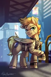 Size: 2000x3000 | Tagged: safe, artist:jedayskayvoker, derpibooru import, oc, oc:radar burst, unofficial characters only, pegasus, pony, augmentation, augmented, clothes, cyberpunk, cyberpunk 2077, eyebrows, facial hair, folded wings, goatee, green eyes, image, looking at you, male, pegasus oc, png, raised eyebrow, solo, stallion, wings