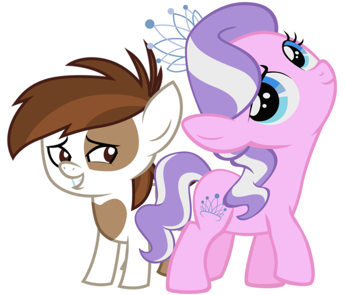Size: 1771x1510 | Tagged: safe, artist:cloudyglow, artist:liggliluff, derpibooru import, edit, vector edit, diamond tiara, pipsqueak, earth pony, pony, twilight time, colt, cute, duo, female, filly, foal, image, looking back, male, piptiara, png, shipping, show accurate, simple background, smiling, squeakabetes, straight, transparent background, vector