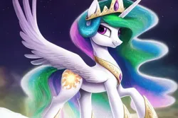 Size: 1920x1280 | Tagged: safe, derpibooru import, editor:dovakkins, machine learning generated, stable diffusion, princess celestia, alicorn, pony, beautiful, concave belly, crown, cute, derpibooru exclusive, ethereal mane, ethereal tail, female, flowing mane, flowing tail, hoof shoes, image, jewelry, long mane, long tail, looking at you, looking back, mare, peytral, png, princess shoes, raised hoof, regalia, slim, smiling, snow, solo, sparkly mane, sparkly tail, spread wings, tail, thin, wings, winter