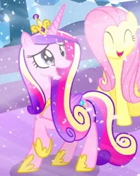 Size: 750x948 | Tagged: safe, derpibooru import, screencap, fluttershy, princess cadance, alicorn, pegasus, the crystalling, cropped, crown, cute, duo, happy, hoof shoes, image, jewelry, jpeg, peytral, regalia, shyabetes, snow