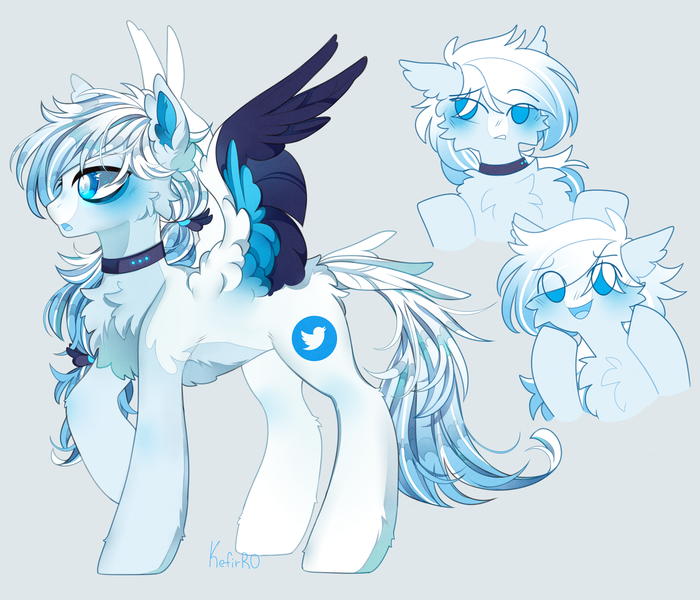 Size: 3500x3000 | Tagged: safe, artist:kefirro7, derpibooru import, ponified, pegasus, pony, admiration, cheek fluff, chest fluff, collar, ear fluff, floppy ears, hairband, image, looking away, male, meta, open mouth, png, simple background, solo, spread wings, stallion, tail, tail feathers, twitter, wing fluff, wings