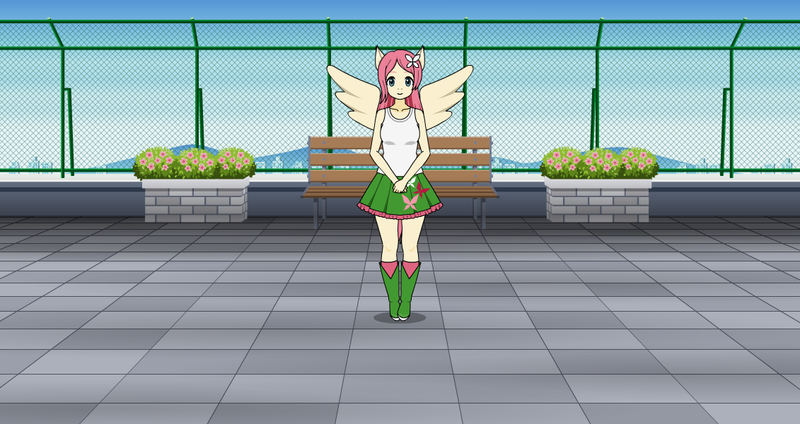 Size: 1131x600 | Tagged: safe, derpibooru import, fluttershy, human, equestria girls, boots, clothes, high heel boots, humanized, image, kisekae, png, shirt, shoes, skirt, socks, solo
