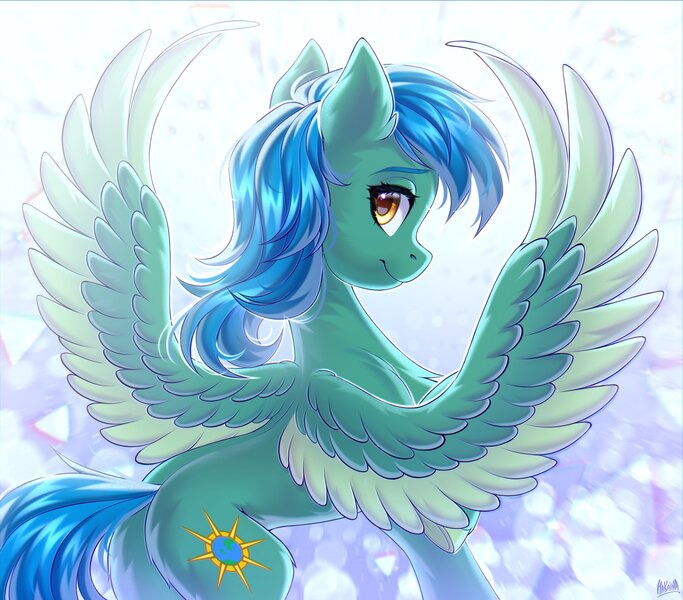 Size: 3000x2636 | Tagged: safe, artist:hakaina, derpibooru import, oc, unofficial characters only, pegasus, pony, abstract background, backlighting, beautiful, blue hair, blue mane, blue tail, butt, chest fluff, colored, colored wings, concave belly, ear fluff, female, green coat, high res, hooves, image, jpeg, leg fluff, lighting, looking at you, looking back, looking back at you, mare, pegasus oc, plot, raised hoof, shading, side view, signature, slim, smiling, smiling at you, solo, spine, spread wings, standing, tail, thin, two toned wings, underhoof, unshorn fetlocks, wings, yellow eyes