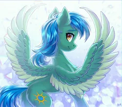 Size: 3000x2636 | Tagged: safe, artist:hakaina, derpibooru import, oc, unofficial characters only, pegasus, pony, abstract background, backlighting, beautiful, blue hair, blue mane, blue tail, butt, chest fluff, colored, colored wings, concave belly, ear fluff, female, green coat, high res, hooves, image, jpeg, leg fluff, lighting, looking at you, looking back, looking back at you, mare, pegasus oc, plot, raised hoof, shading, side view, signature, slim, smiling, smiling at you, solo, spine, spread wings, standing, tail, thin, two toned wings, underhoof, unshorn fetlocks, wings, yellow eyes