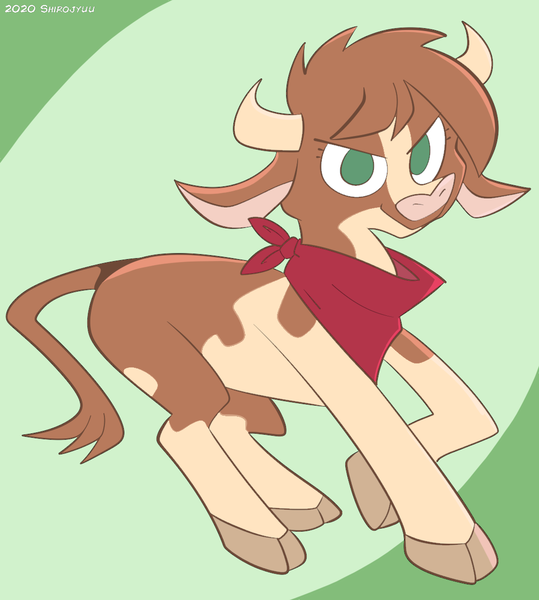 Size: 1074x1195 | Tagged: safe, artist:shirojyuu, derpibooru import, cow, them's fightin' herds, 2020, arizona (tfh), cloven hooves, community related, female, green background, image, looking at you, neckerchief, no pupils, png, simple background, smiling, smiling at you, solo