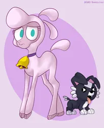 Size: 1754x2148 | Tagged: safe, artist:shirojyuu, derpibooru import, dog, sheep, them's fightin' herds, 2020, bell, bell collar, cloven hooves, collar, community related, duo, female, frown, image, lamb, looking at you, no pupils, open mouth, pink background, png, pom (tfh), puppy, simple background, tongue out