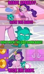 Size: 500x841 | Tagged: safe, derpibooru import, edit, edited screencap, screencap, sparky sparkeroni, dragon, pegasus, pony, my little pony: tell your tale, spoiler:g5, spoiler:my little pony: tell your tale, spoiler:tyts01e35, bitch, comic, g5, image, jpeg, kick the baby, meme, panic on harvest & hugs day, pippbitch petals, screencap comic, south park, vulgar