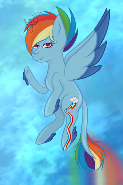 Size: 3600x5400 | Tagged: safe, artist:thecommandermiky, derpibooru import, rainbow dash, pegasus, pony, cloud, cloudy, female, flying, image, long tail, looking at you, mare, png, redesign, sky, sky background, solo, spread wings, tail, twitterina design, wings