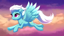 Size: 3840x2160 | Tagged: safe, artist:confetticakez, derpibooru import, fleetfoot, pegasus, pony, cloud, cloudy, female, flying, image, mare, png, sky, smiling, solo, spread wings, stars, wind, windswept mane, wings