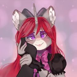 Size: 4000x4000 | Tagged: safe, derpibooru import, oc, oc:selune darkeye, unofficial characters only, anthro, pony, unicorn, body markings, bow, clothes, coat markings, cute, ear fluff, facial markings, female oc, gloves, goth, hair bow, hand on cheek, happy, horn, hug, image, in love, looking at you, markings, png, redhead, simple background, smiling, smiling at you, snip (coat marking), unicorn oc, wholesome