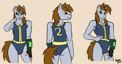 Size: 2241x1187 | Tagged: suggestive, artist:vesperce, derpibooru import, oc, oc:littlepip, anthro, fallout equestria, ass, butt, clothes, crossdressing, crotch bulge, image, leotard, male, one-piece swimsuit, pipbuck, png, rule 63, solo, solo male, swimsuit