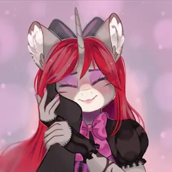 Size: 4000x4000 | Tagged: safe, derpibooru import, oc, oc:selune darkeye, unofficial characters only, anthro, pony, unicorn, body markings, bow, clothes, coat markings, cute, ear fluff, eyes closed, facial markings, female oc, gloves, goth, hair bow, hand on cheek, happy, horn, hug, image, in love, looking at you, markings, png, redhead, simple background, smiling, smiling at you, snip (coat marking), unicorn oc, wholesome