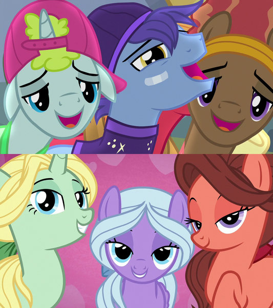 Size: 1280x1440 | Tagged: safe, derpibooru import, screencap, dear darling, fond feather, glamor trot, smooth vibes, stereo mix, swoon song, earth pony, pegasus, pony, unicorn, hard to say anything, season 7, background pony, backup dancers, bandaid, bimbettes, bow, cap, crack shipping, female, hair bow, happy, hat, headband, image, lidded eyes, looking at you, male, mare, png, ponytail, raised hoof, shipping, shipping domino, smiling, straight, trio, trio female, trio male