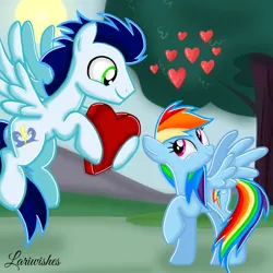 Size: 1400x1400 | Tagged: safe, artist:mlplary6, derpibooru import, rainbow dash, soarin', pegasus, pony, female, flying, heart, hearts and hooves day, image, looking at each other, looking at someone, love, male, mare, png, shipping, smiling, smiling at each other, soarindash, stallion, straight