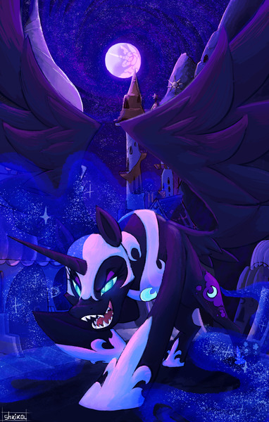 Size: 1955x3072 | Tagged: safe, artist:shkika, derpibooru import, nightmare moon, alicorn, pony, blue eyes, blue mane, canterlot, castle, digital art, eyeshadow, fangs, feather, female, flowing mane, flowing tail, helmet, hoof shoes, horn, image, jpeg, makeup, mare, moon, open mouth, peytral, sharp teeth, signature, sky, spread wings, tail, teeth, wings