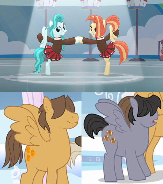 Size: 1280x1440 | Tagged: safe, derpibooru import, edit, edited screencap, screencap, hoops, lighthoof, quarterback, shimmy shake, earth pony, pegasus, 2 4 6 greaaat, sonic rainboom (episode), cheerleader, cheerleader outfit, cheerleading, clothes, crack shipping, cropped, dancing, female, image, lighthoops, male, png, score, shimmyscore, shipping, shipping domino, straight