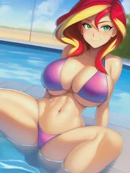 Size: 1020x1360 | Tagged: suggestive, derpibooru import, editor:sammykun, machine learning generated, novelai, stable diffusion, sunset shimmer, human, belly button, big breasts, bikini, breasts, busty sunset shimmer, clothes, image, looking at you, midriff, png, seductive, sexy, smiling, stupid sexy sunset shimmer, submerged, sultry pose, swimming pool, swimsuit, thighs, wet, wide hips