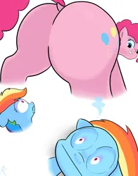 Size: 1080x1380 | Tagged: suggestive, artist:reinbou, derpibooru import, pinkie pie, rainbow dash, earth pony, pegasus, pony, butt, duo, duo female, faceful of ass, facesitting, female, image, looking back, plot, png, simple background, smiling