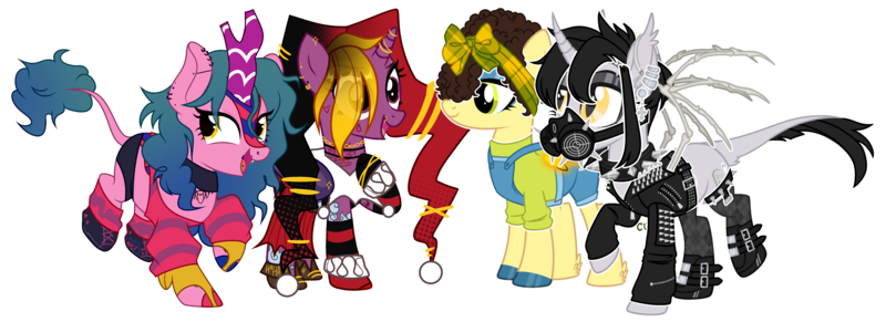 Size: 6551x2379 | Tagged: safe, artist:idkhesoff, artist:kellysweet1, derpibooru import, oc, oc:candy fae, oc:grimm fable, oc:sol shines, ponified, unofficial characters only, alicorn, bat pony, bat pony alicorn, kirin, pegasus, pony, derpibooru community collaboration, 2023 community collab, alicorn oc, arcane, bandana, bat pony oc, bat wings, boots, brazil, chess piece, choker, clothes, corset, dc comics, deaf, ear piercing, earring, eyebrow piercing, eyelashes, eyeshadow, fangs, female, fingerless gloves, fusion, gas mask, gloves, grim reaper, harley quinn, hat, headband, hearing aid, high res, horn, horn ring, image, jacket, jester hat, jewelry, jinx (league of legends), kirin oc, league of legends, leather, leather jacket, lip piercing, makeup, mare, mask, nation ponies, necklace, nose piercing, nose ring, open mouth, overalls, pants, piercing, png, ponysona, raised hoof, raised leg, ring, ripped pants, shirt, shoes, shorts, simple background, socks, solo, spiked choker, spikes, stockings, striped socks, sweater, t-shirt, tattoo, thigh highs, tongue piercing, torn clothes, transparent background, unshorn fetlocks, wall of tags, wing piercing, wings