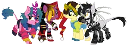 Size: 6551x2379 | Tagged: safe, artist:idkhesoff, artist:kellysweet1, derpibooru import, oc, oc:candy fae, oc:grimm fable, oc:sol shines, ponified, unofficial characters only, alicorn, bat pony, bat pony alicorn, kirin, pegasus, pony, derpibooru community collaboration, 2023 community collab, alicorn oc, arcane, bandana, bat pony oc, bat wings, boots, brazil, chess piece, choker, clothes, corset, dc comics, deaf, ear piercing, earring, eyebrow piercing, eyelashes, eyeshadow, fangs, female, fingerless gloves, fusion, gas mask, gloves, grim reaper, harley quinn, hat, headband, hearing aid, high res, horn, horn ring, image, jacket, jester hat, jewelry, jinx (league of legends), kirin oc, league of legends, leather, leather jacket, lip piercing, makeup, mare, mask, nation ponies, necklace, nose piercing, nose ring, open mouth, overalls, pants, piercing, png, ponysona, raised hoof, raised leg, ring, ripped pants, shirt, shoes, shorts, simple background, socks, solo, spiked choker, spikes, stockings, striped socks, sweater, t-shirt, tattoo, thigh highs, tongue piercing, torn clothes, transparent background, unshorn fetlocks, wall of tags, wing piercing, wings