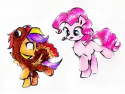 Size: 1914x1436 | Tagged: safe, artist:liaaqila, derpibooru import, pinkie pie, scootaloo, earth pony, pegasus, pony, duo, duo female, female, filly, fork, image, jpeg, mouth hold, scootachicken, simple background, turkey costume, white background