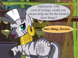 Size: 972x720 | Tagged: safe, derpibooru import, edit, edited screencap, screencap, zecora, it isn't the mane thing about you, butt, cauldron, cropped, dialogue, ear piercing, earring, image, implied applejack, jewelry, necklace, offscreen character, piercing, plot, png, speech bubble, zecora's hut