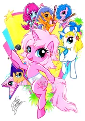 Size: 827x1169 | Tagged: safe, artist:marco albiero, derpibooru import, ponified, earth pony, pegasus, pony, aja leith, female, guitar, hoof hold, image, jem, jem and the holograms, jerrica benton, keytar, kimber benton, male, microphone, musical instrument, png, rio pacheco, shana elmsford, sunglasses