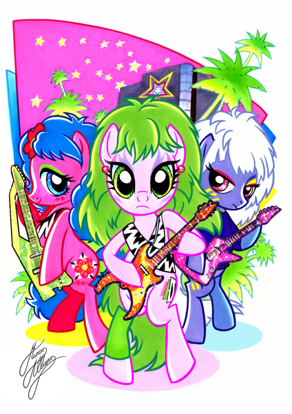 Size: 827x1169 | Tagged: safe, artist:marco albiero, derpibooru import, ponified, earth pony, pony, bipedal, female, guitar, image, jem and the holograms, musical instrument, pizzazz, png, roxy, stormer, the misfits, trio