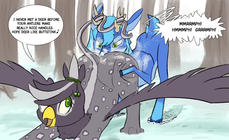 Size: 3259x2000 | Tagged: questionable, artist:skunkstripe, derpibooru import, oc, oc:blue, oc:grennet, deer, gryphon, antlers, ass up, butt, butt grab, butt sniffing, butt touch, deer oc, dialogue, faceful of ass, female, forced, forest, griffon oc, grope, image, large butt, male, musk, musky, non-pony oc, plot, png, prehensile tail, resisting, skunk stripe, smelly, sniffing, snow, tail, tail hold, tree, wings