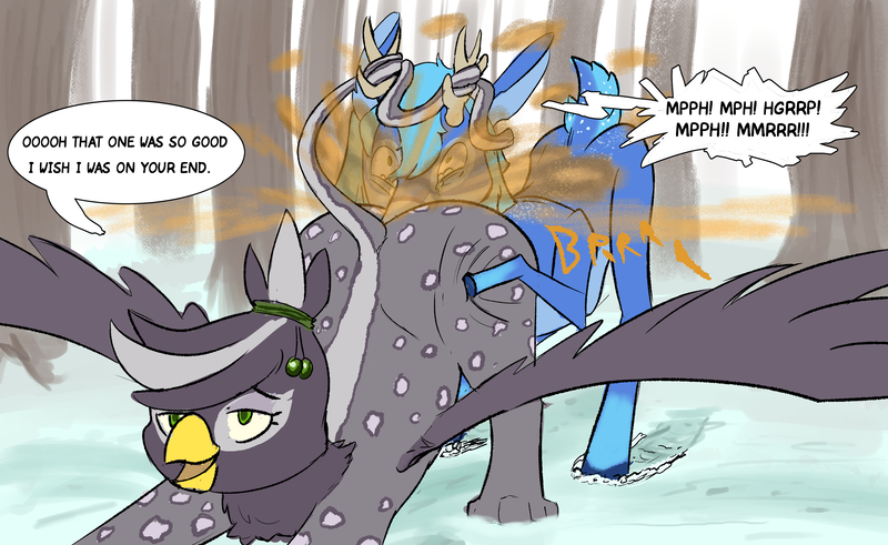 Size: 3259x2000 | Tagged: questionable, artist:skunkstripe, derpibooru import, oc, oc:blue, oc:grennet, deer, gryphon, antlers, ass up, butt, butt grab, butt sniffing, butt touch, crying, deer oc, dialogue, face fart, faceful of ass, fart, fart fetish, female, fetish, forced, forest, griffon oc, grope, image, large butt, male, non-pony oc, plot, png, prehensile tail, resisting, skunk stripe, smelly, sniffing, snow, tail, tail hold, tree, wings