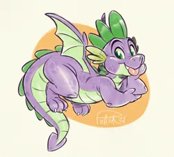 Size: 2006x1802 | Tagged: safe, artist:drpepsi, derpibooru import, spike, dragon, cute, hand on chin, image, male, png, signature, simple background, smiling, solo, spikabetes, tongue out, winged spike, wings