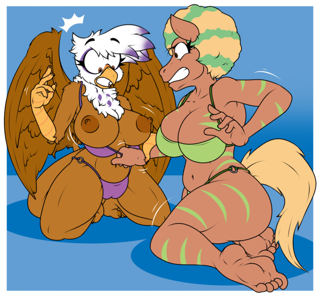Size: 1994x1848 | Tagged: questionable, artist:tinydevilhorns, derpibooru import, gilda, oc, oc:sketcha, anthro, gryphon, hybrid, plantigrade anthro, zony, assisted exposure, big breasts, bikini, bikini pulled down, breasts, busty gilda, busty oc, cameltoe, catfight, clothes, commission, duo, female, females only, fight, gritted teeth, image, nipples, nudity, partial nudity, png, sports, swimsuit, teeth, topless, wrestling