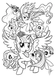 Size: 827x1142 | Tagged: safe, alternate version, artist:albieromarcoart, artist:marco albiero, derpibooru import, applejack, fluttershy, pinkie pie, princess celestia, rainbow dash, rarity, twilight sparkle, twilight sparkle (alicorn), alicorn, earth pony, pegasus, pony, unicorn, big crown thingy, black and white, element of magic, grayscale, horn, image, jewelry, jpeg, lineart, mane six, monochrome, raised hoof, regalia, spread wings, turned head, wings