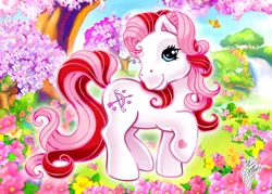 Size: 1158x827 | Tagged: safe, artist:marco albiero, derpibooru import, always and forever, butterfly, insect, pony, flower, g3, image, png, raised hoof, solo