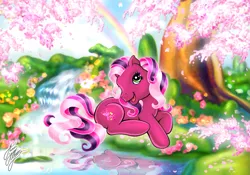 Size: 1181x827 | Tagged: safe, artist:marco albiero, derpibooru import, cherry blossom (g3), pony, female, flower, g3, image, png, rainbow, smiling, solo, tree, under the tree, water