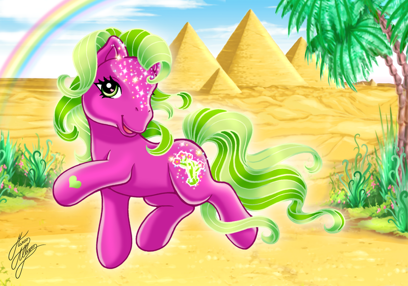 Size: 1181x827 | Tagged: safe, artist:marco albiero, derpibooru import, pony, desert, desert blossom, g3, image, png, pyramid, rainbow, solo