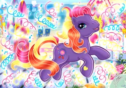 Size: 1142x800 | Tagged: safe, artist:marco albiero, derpibooru import, pony, beach, confetti, g3, image, png, round 'n round, solo, streamers, surfboard