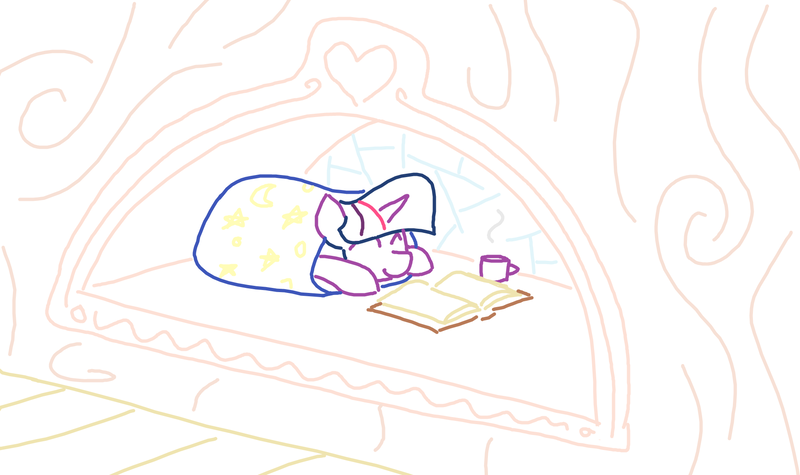 Size: 1920x1140 | Tagged: safe, artist:purblehoers, derpibooru import, twilight sparkle, pony, ^^, ambiguous race, blanket, blanket burrito, book, cozy, eyes closed, golden oaks library, image, interior, library, ms paint, mug, png, smiling, solo, warm, wrapped up