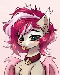 Size: 2800x3500 | Tagged: safe, artist:konejo, derpibooru import, oc, unofficial characters only, bat pony, pony, :p, bell, bell collar, blushing, collar, ears, green eyes, image, jpeg, looking at you, mane, pink background, simple background, solo, spread wings, tongue out, wings